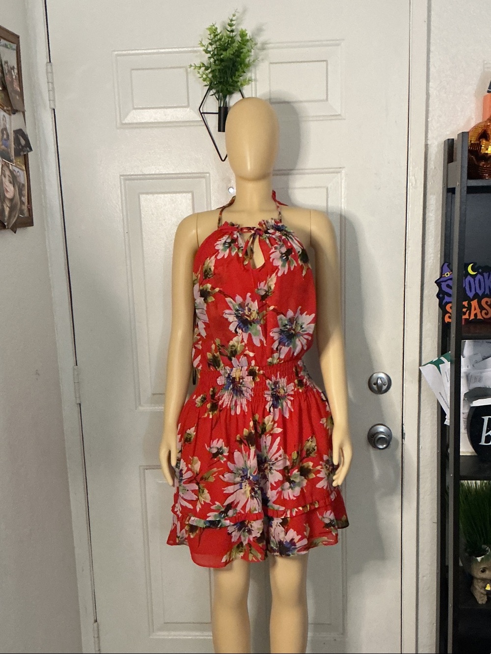 Womens Red Floral Halter Sundress